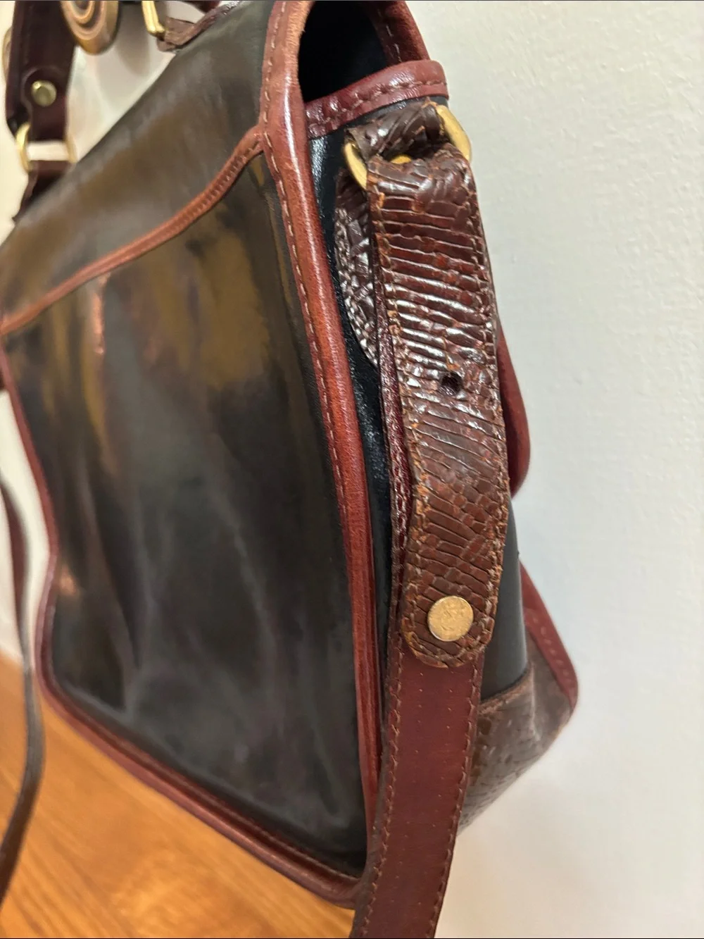 Brown and Black Leather hand Bag - Classic Two-Tone Design